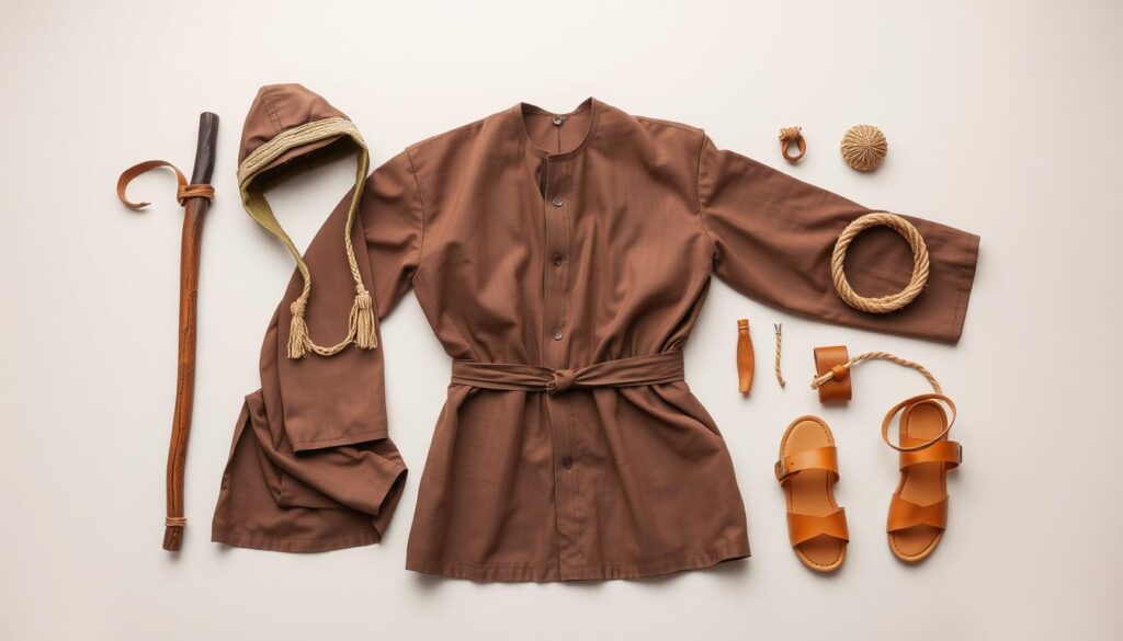 Kompletny strój Józefa z wszystkimi dodatkami - tunika, nakrycie głowy, laska i sandały