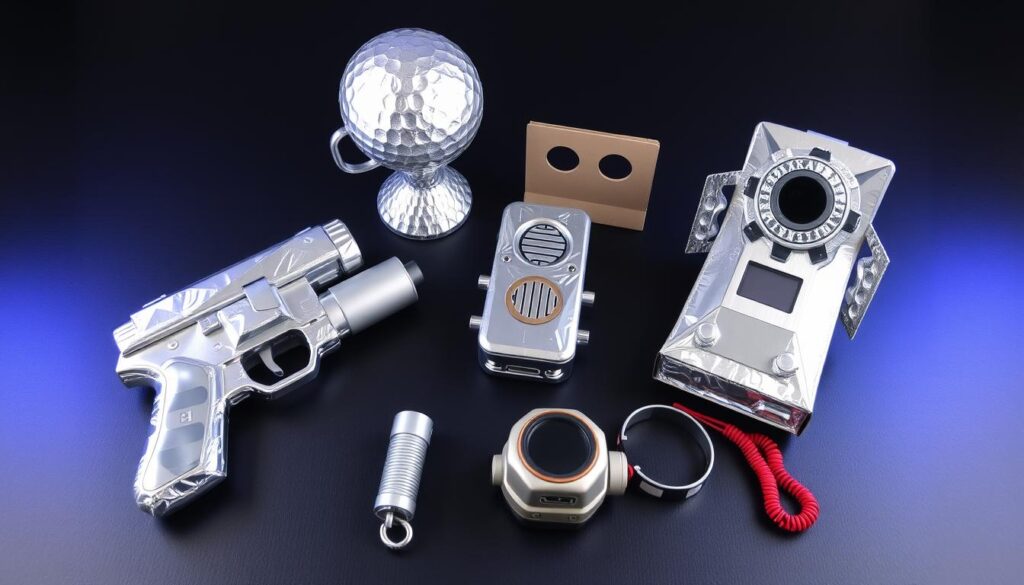 Kosmiczne gadżety wykonane z folii aluminiowej i kartonu: pistolet, komunikator i inne akcesoria