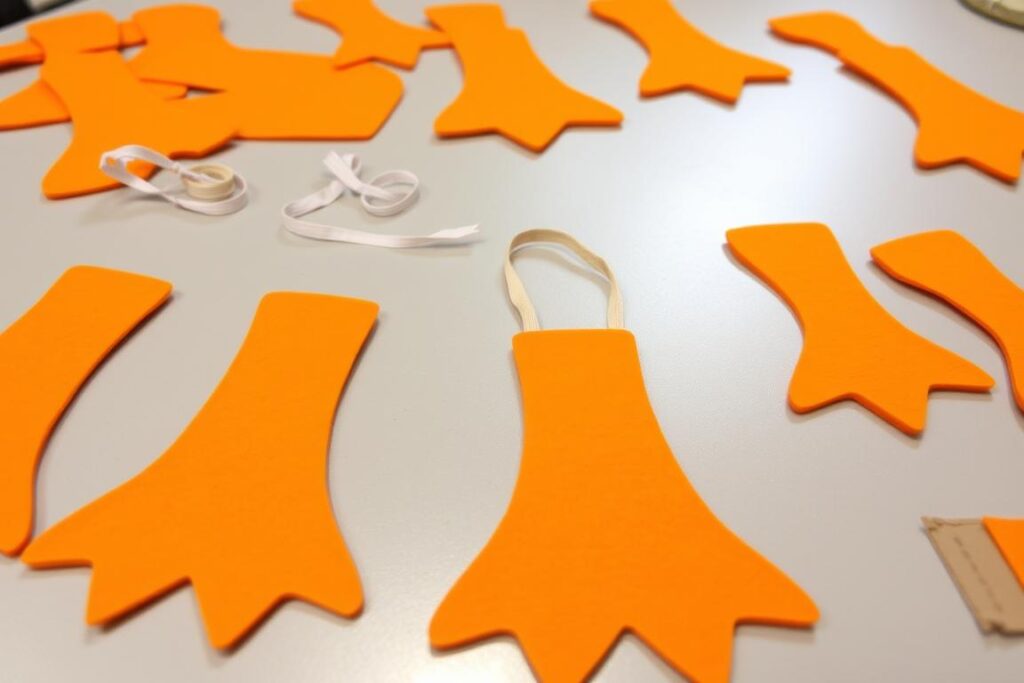 Łapki kaczki dziwaczki wykonane z pomarańczowego filcu