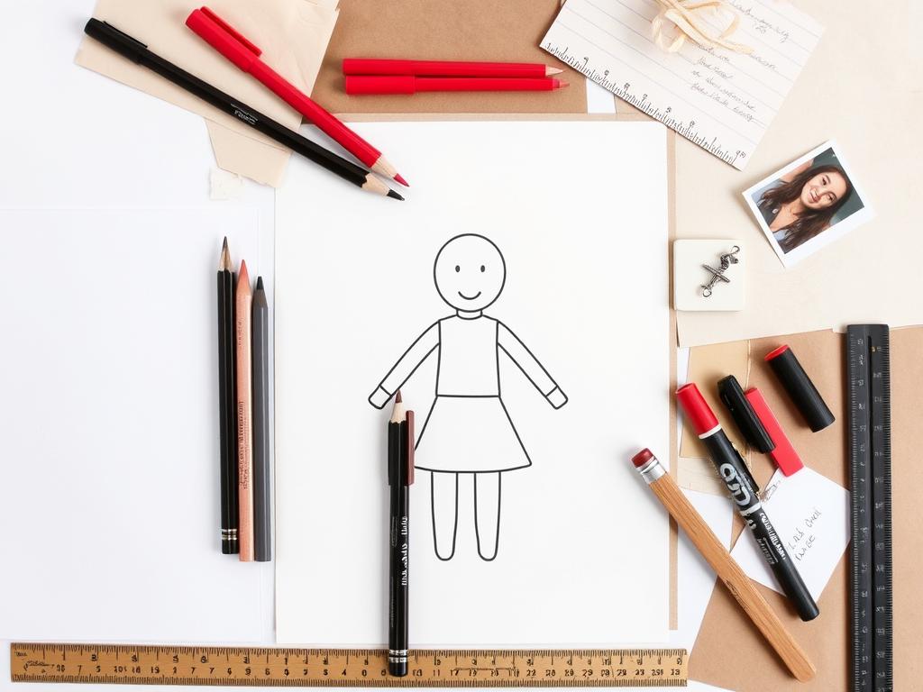 Materiały potrzebne do narysowania laleczki voodoo na kartce, w tym różne rodzaje papieru, ołówki i markery