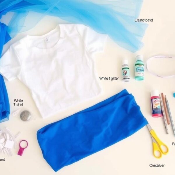 Materiały potrzebne do wykonania stroju Elsy z Krainy Lodu rozłożone na stole