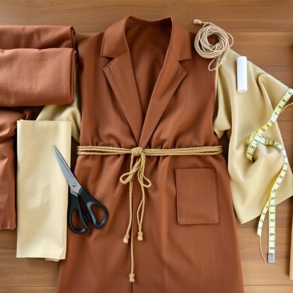 Materiały potrzebne do wykonania stroju Józefa na jasełka ułożone na stole