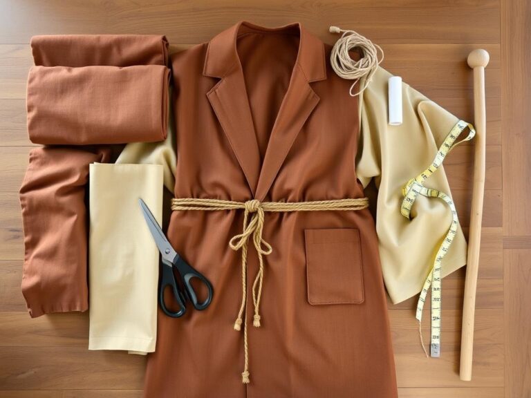 Materiały potrzebne do wykonania stroju Józefa na jasełka ułożone na stole