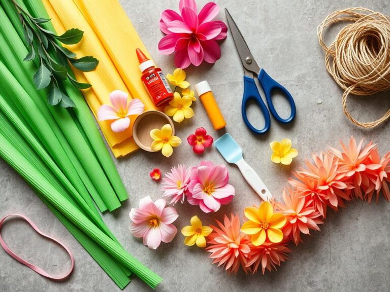 Materiały potrzebne do wykonania stroju hawajskiego rozłożone na stole - bibuła, sztuczne kwiaty, nożyczki, klej