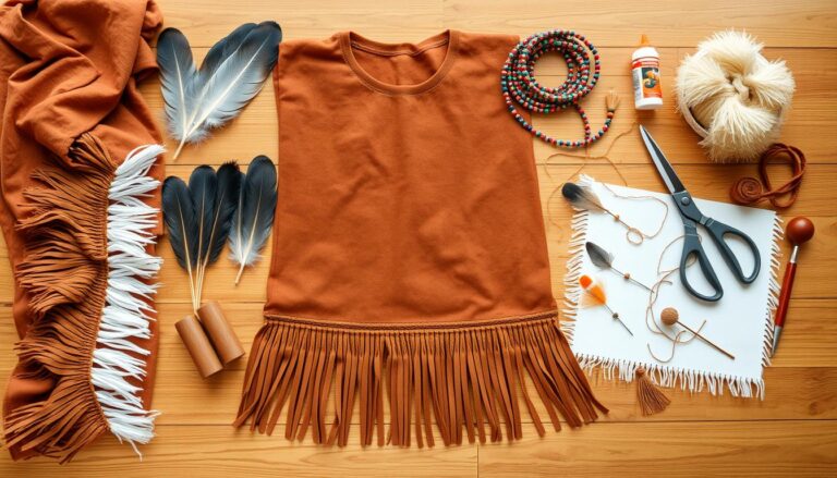Materiały potrzebne do wykonania stroju indianki rozłożone na stole