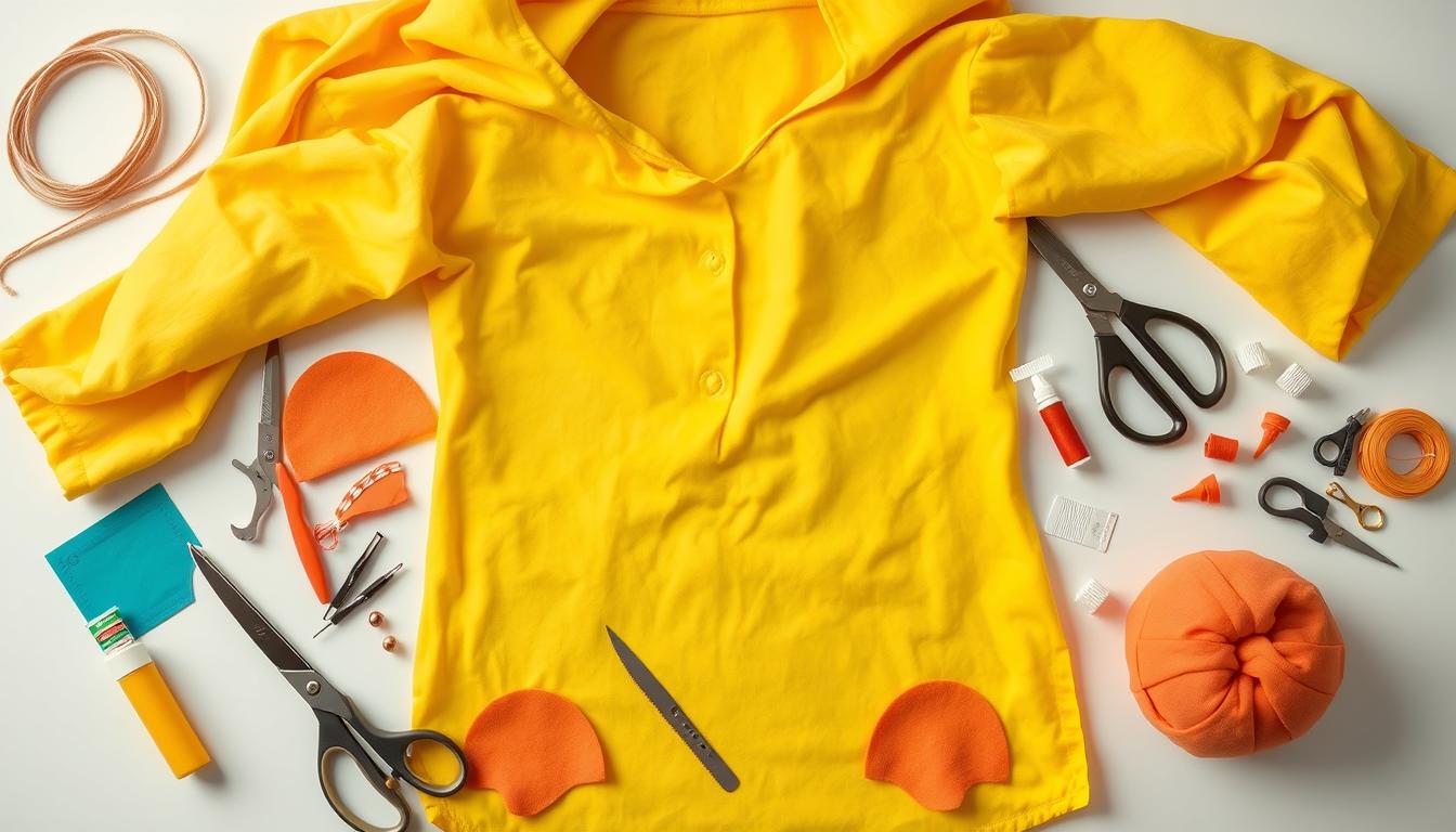 Materiały potrzebne do wykonania stroju kaczki dziwaczki rozłożone na stole