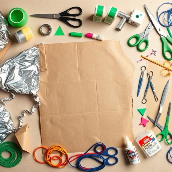 Materiały potrzebne do wykonania stroju kosmity rozłożone na stole, w tym folia aluminiowa, karton, farby i inne akcesoria