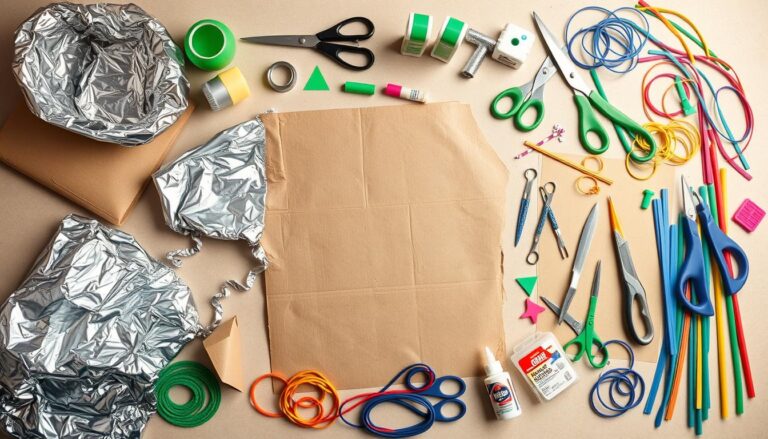 Materiały potrzebne do wykonania stroju kosmity rozłożone na stole, w tym folia aluminiowa, karton, farby i inne akcesoria