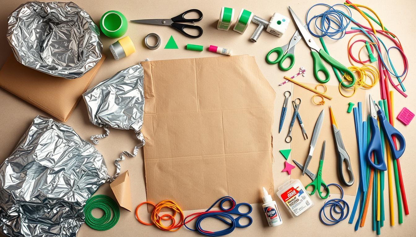 Materiały potrzebne do wykonania stroju kosmity rozłożone na stole, w tym folia aluminiowa, karton, farby i inne akcesoria