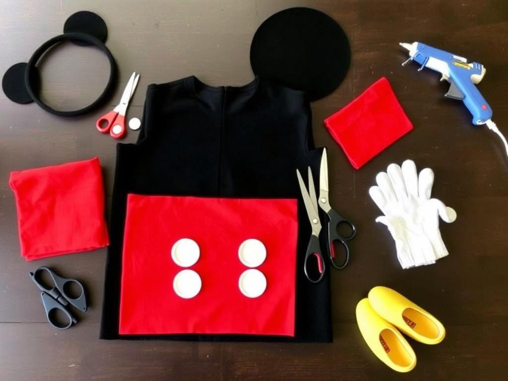 Materiały potrzebne do wykonania stroju myszki miki rozłożone na stole Materiały potrzebne do wykonania stroju myszki miki rozłożone na stole