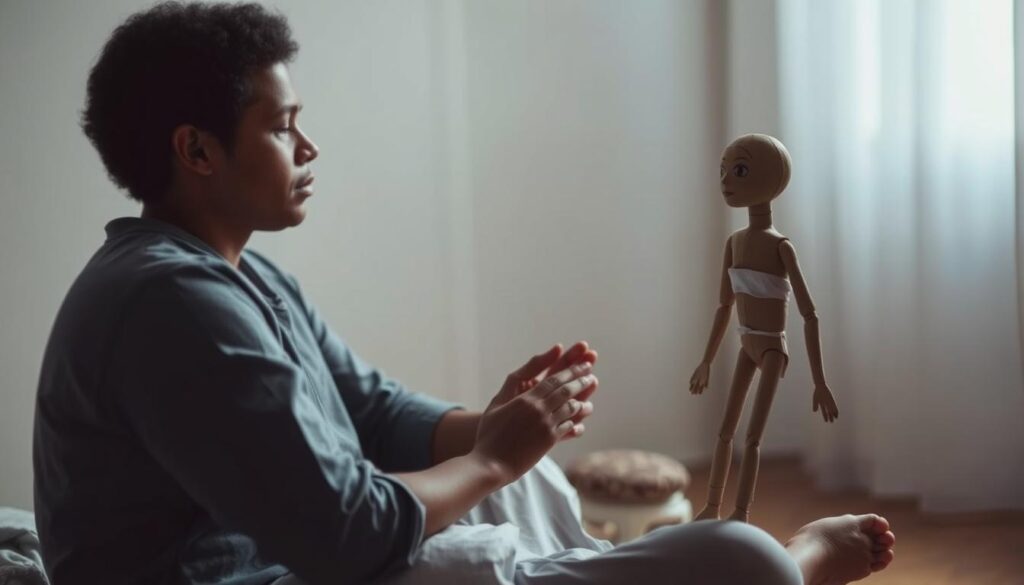 Osoba medytująca z laleczką voodoo na kartce, symbolizująca psychologiczny aspekt praktyk voodoo