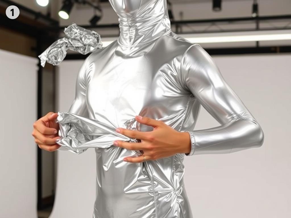 Osoba pokazująca jak owijać ciało folią aluminiową, tworząc podstawę stroju kosmity