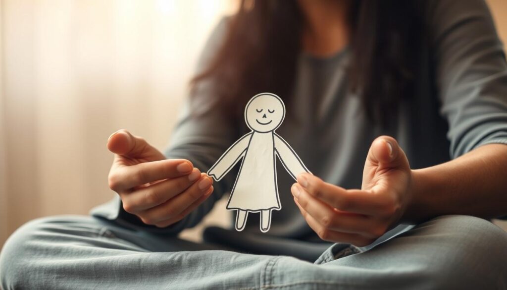 Osoba trzymająca narysowaną laleczkę voodoo na kartce w geście medytacji