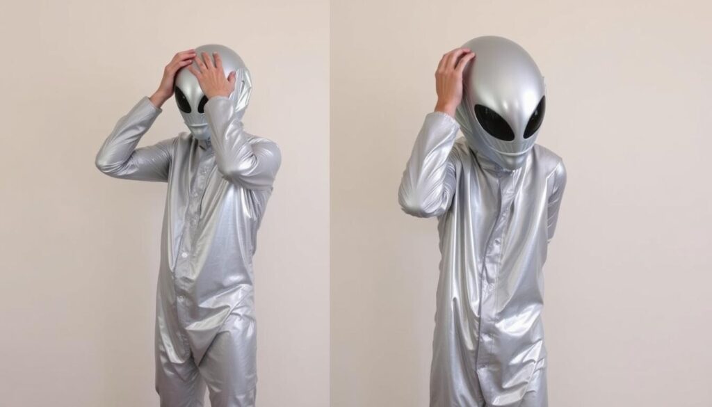 Osoba w stroju kosmity pokazująca prawidłowe dopasowanie i wygodne noszenie kostiumu