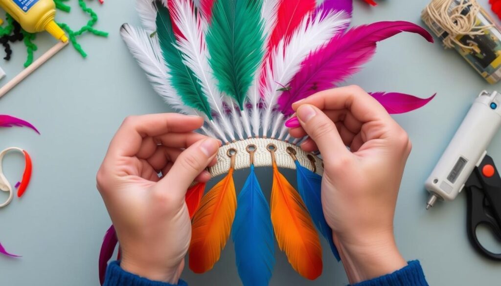 Proces mocowania piór do podstawy pióropusza