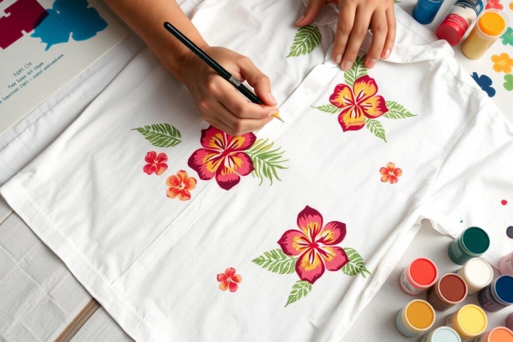 Proces ozdabiania koszuli tropikalnymi wzorami przy użyciu farb do tkanin