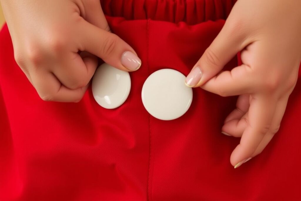 Proces przyklejania białych guzików do czerwonych spodenek Proces przyklejania białych guzików do czerwonych spodenek