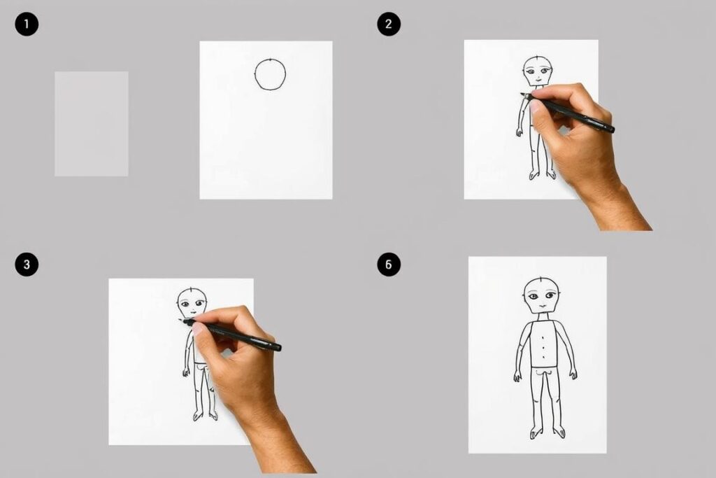 Proces rysowania laleczki voodoo na kartce krok po kroku