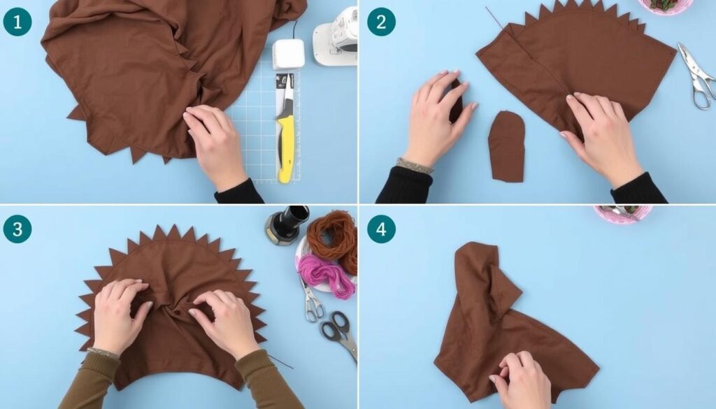 Proces szycia podstawy stroju jeża jak zrobić z brązowego materiału