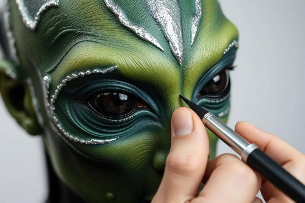 Przykład makijażu kosmity w kolorze zielonym z dodatkowymi elementami charakteryzacji