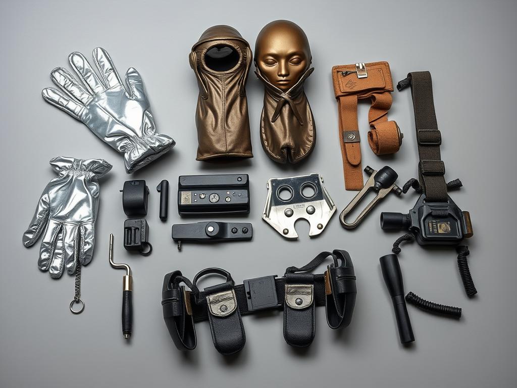 Różne akcesoria do stroju kosmity: rękawice, buty i pas z gadżetami