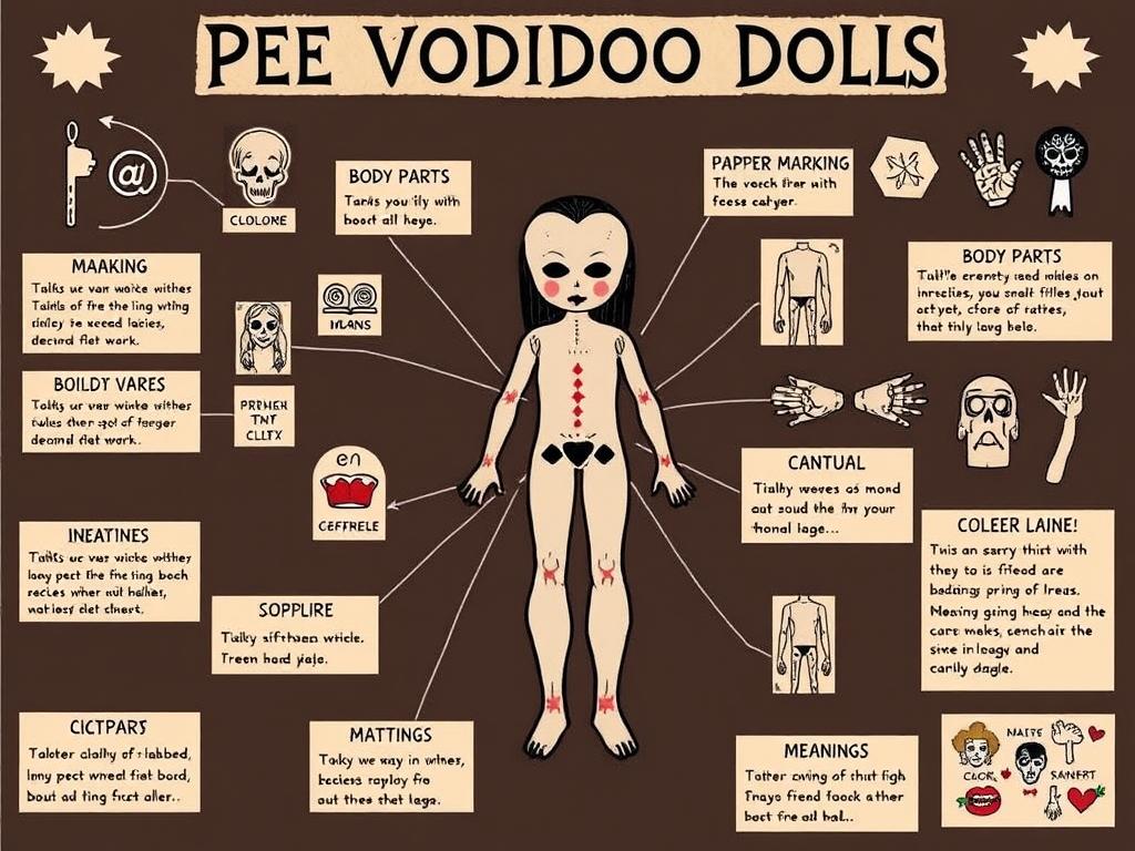 Różne symbole i elementy laleczki voodoo na kartce z opisami ich znaczenia