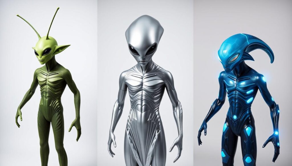 Różne wariacje strojów kosmitów: klasyczny zielony ufoludek, srebrny kosmita i futurystyczny przybysz
