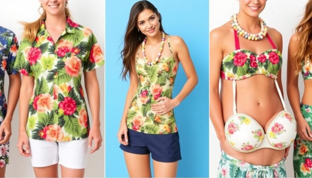 Różne warianty górnej części stroju hawajskiego dla kobiet i mężczyzn