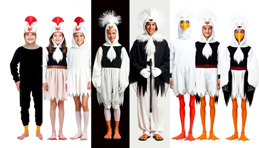 Różne warianty strojów bociana dla dzieci i dorosłych