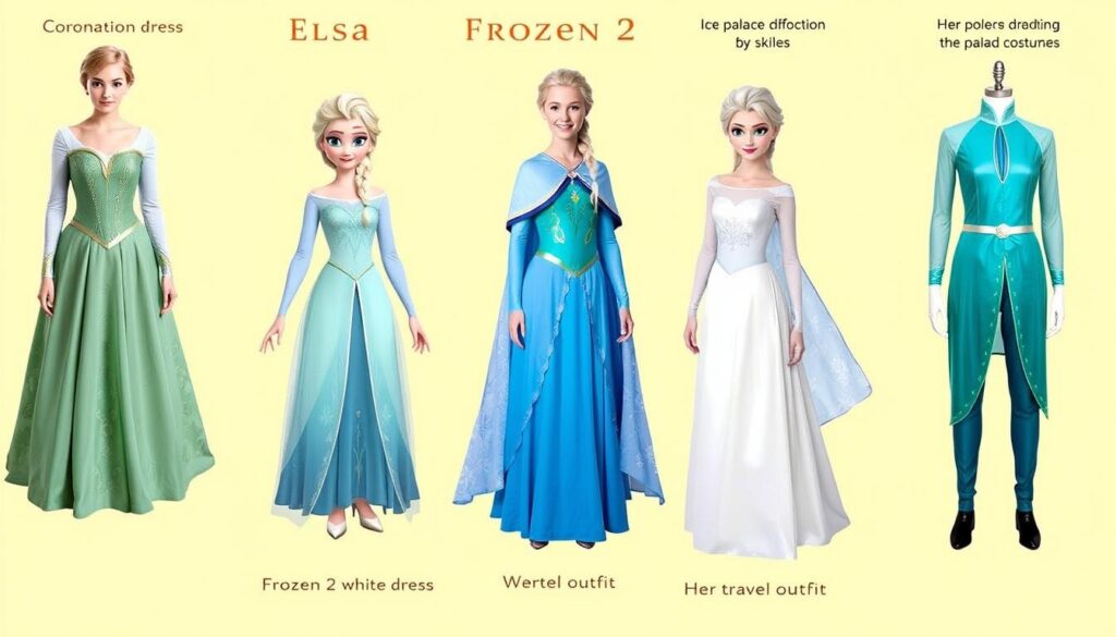 Różne wersje i modyfikacje stroju Elsy inspirowane różnymi scenami z filmu