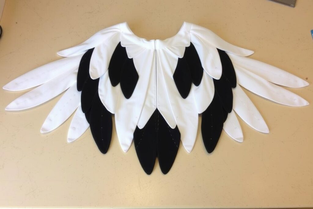 Skrzydła bociana wykonane z białej tkaniny z czarnymi końcówkami