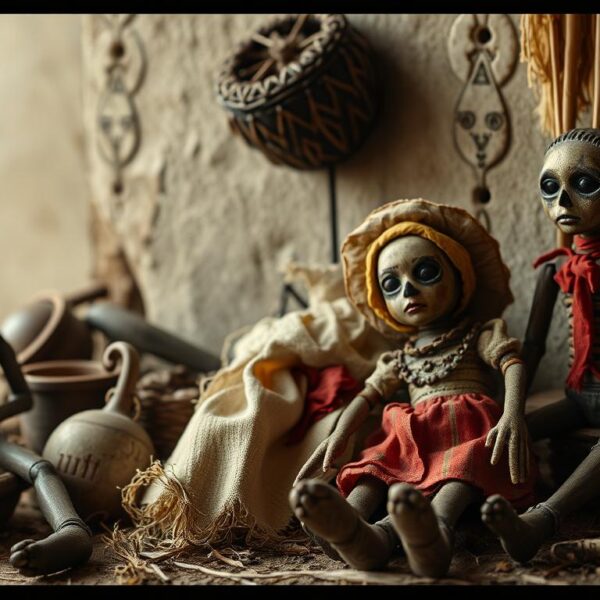 Tradycyjna laleczka voodoo na tle historycznych elementów kultury voodoo