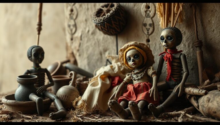 Tradycyjna laleczka voodoo na tle historycznych elementów kultury voodoo